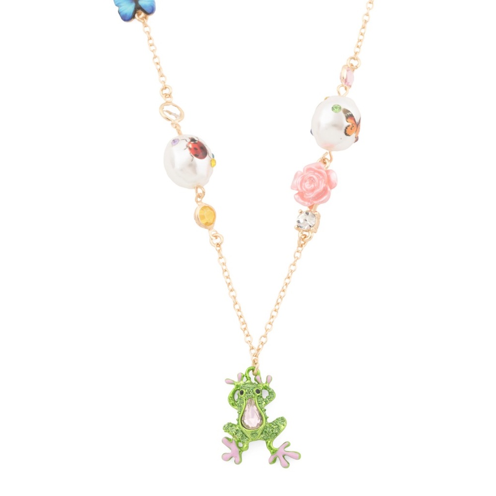Betsey Johnson Green Frog Necklace with Pink and Blue Accents